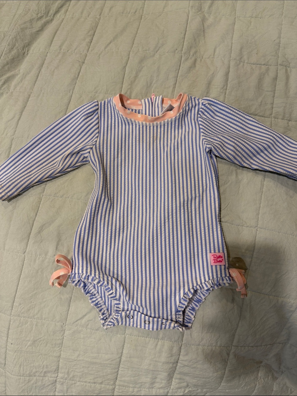 Ruffle Butts Blue and White Striped One-Piece with Pink Trim